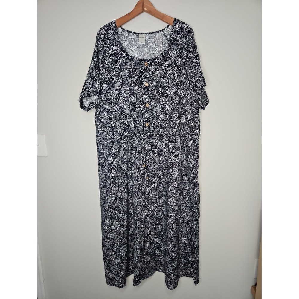 Blair Dress Women 3XL Blue Geometric Print Drawstring Waist Cinched Coastal Boho